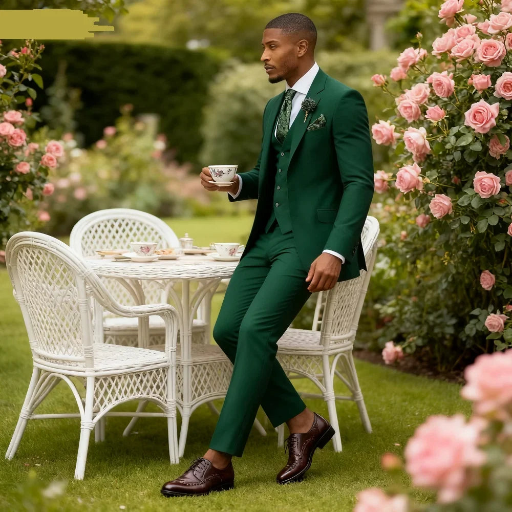 Costume de smoking formel 3 pièces de luxe vert pour homme - Veste élégante à revers cranté + Gilet + Pantalon - Costume de mariage pour garçons d'honneur