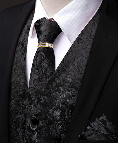 Men's Paisley Jacquard Vest 5-Piece Outfit with Tie, Pocket Square, Cufflinks & Ring – Matte Black Formal Set