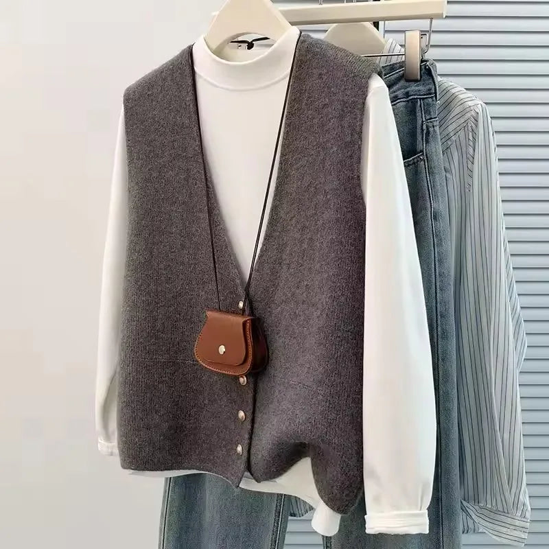 Women's Soft Knitted Vest  Women Casual Button Deep V-Neck Sleeveless Autumn  Pullover Simple Tank Tops Loose Knitwear  Tops