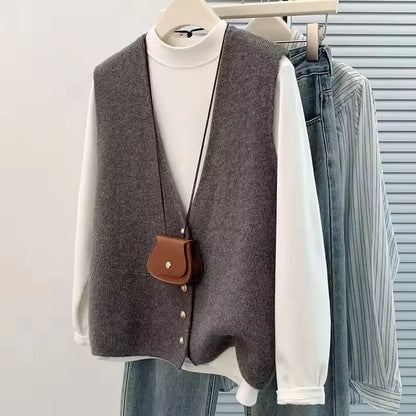Women's Soft Knitted Vest  Women Casual Button Deep V-Neck Sleeveless Autumn  Pullover Simple Tank Tops Loose Knitwear  Tops