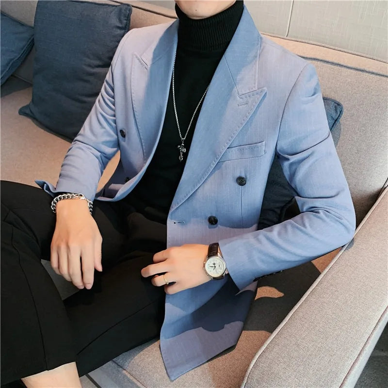 High Quality Double Breasted Suit Jacket Men Striped Casual Business Blazer Slim Fit Wedding Groom Office Social Dress Coat