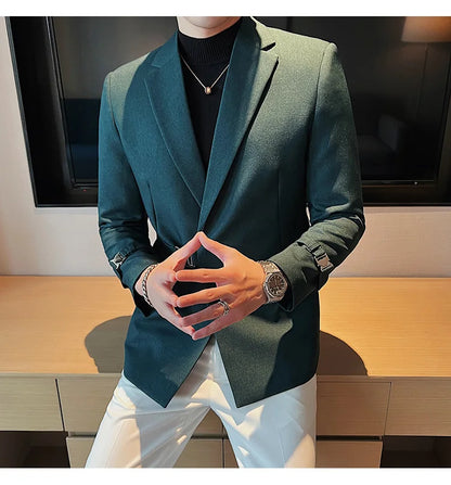 Men's Slim Fit Blazer Metal Buckle Decoration Smart Casual Wedding Party Jacket
