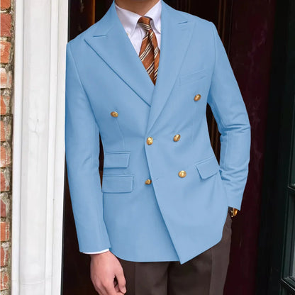 Men's Brown Serge Blazer Double Breasted Peak Lapel Gold Button Slim Fit British Style Fashion Suit Jacket Formal Business Casua