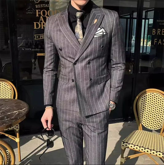 Men's Double-Breasted Suit Set Slim Fit Pinstripe Formal Wedding 2-Piece Blazer and Pant