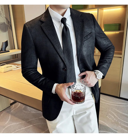 Vintage Suede Line Bronzing Striped Suit Coats 2025 Autumn New High Quality Men Slim Business Social Formal Suit Coats Tailcoat