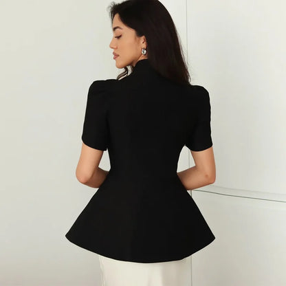 Women's 2025 Autumn New Fashion Fashion Blazer Jacket Stand Collar Button Front Solid Color Slim Fit Short Sleeve Waist Design