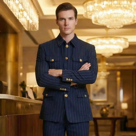 Men's Navy Blue Pinstripe Suit with Military Style Lapel and Four Functional Pockets Gold Buttons Slim Fit 2 Piece Formal Wear