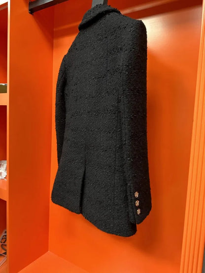 Double Breasted Office Ladies Elegant Black Tweed Jacket Mid Length Fashion Coat Spring Autumn Lapel Straight Women Suit Jacket