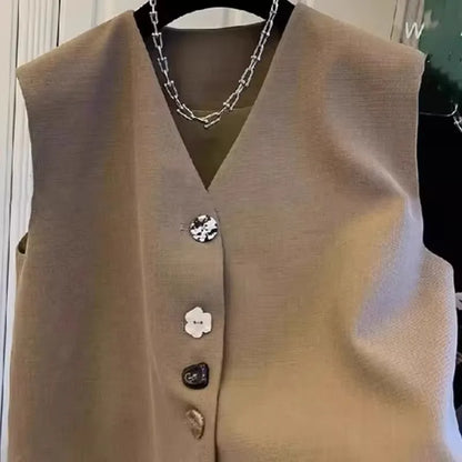 Fashion Irregular V-neck Suit Vests Tops Women 2025 New Summer Unique Buttons Solid All-match Sleeveless Waistcoats Female