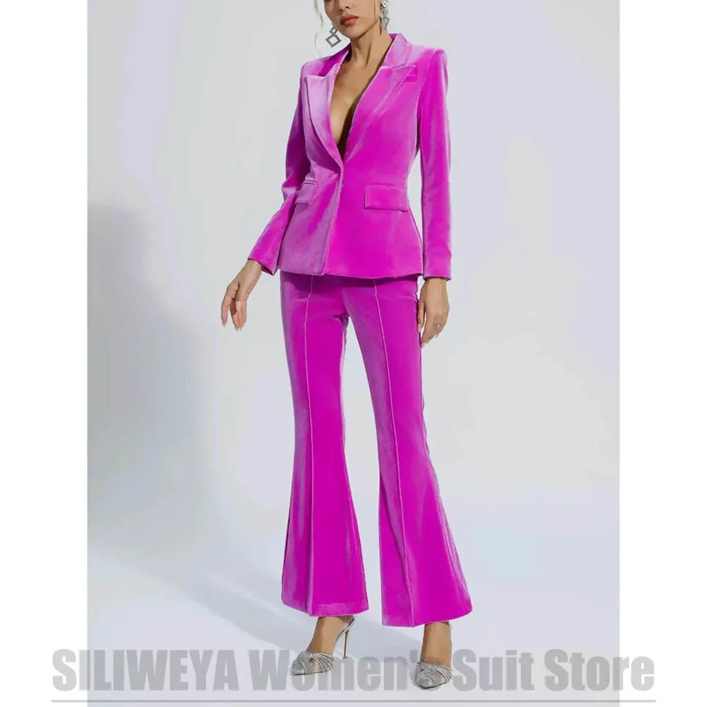 Fashion Velvet Women's Suit 2 Piece Single Button Peak Lapel Office Daily Casual Wear Elegant Formal Evening Party Ladies Suits