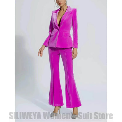 Fashion Velvet Women's Suit 2 Piece Single Button Peak Lapel Office Daily Casual Wear Elegant Formal Evening Party Ladies Suits