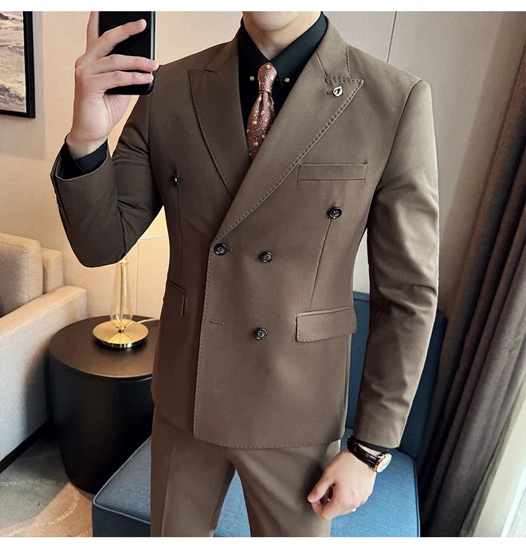 Men's Double Breasted Slim Fit Suit Set – Wedding & Smart Casual – Navy Blue, Brown, Black