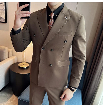 Men's Double Breasted Slim Fit Suit Set – Wedding & Smart Casual – Navy Blue, Brown, Black