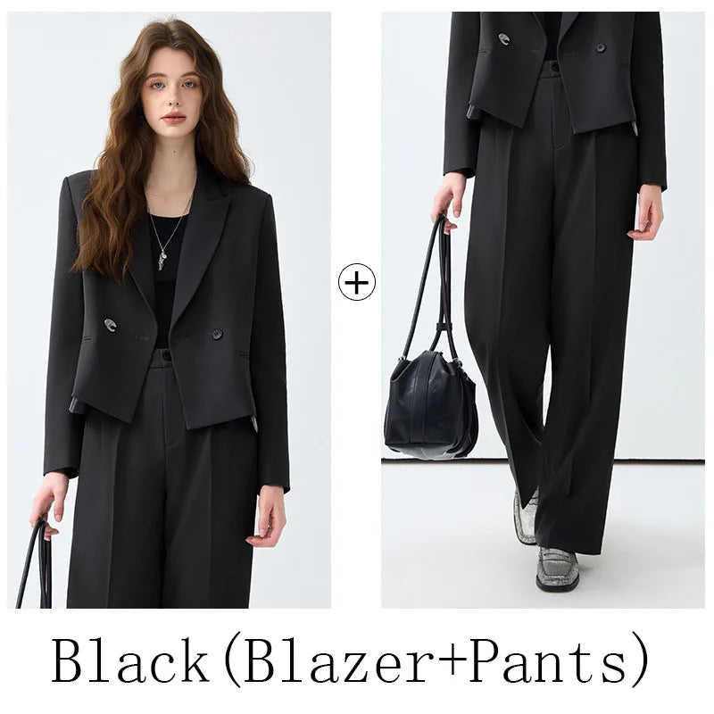 Solid Suits for Women 2025 Spring Fashion Office Ladies Long Sleeve Double Breasted Short Tops Chic Cargo Pant Suits