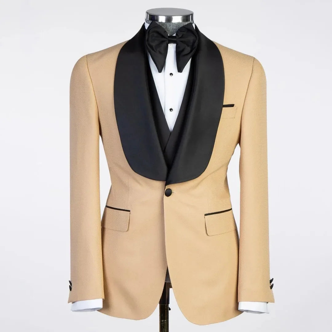 Men Suit Champagne 3 Piece With Black Lapel For Wedding Groom Banquet Party Birthday Prom Business Work Office Jacket Vest Pants