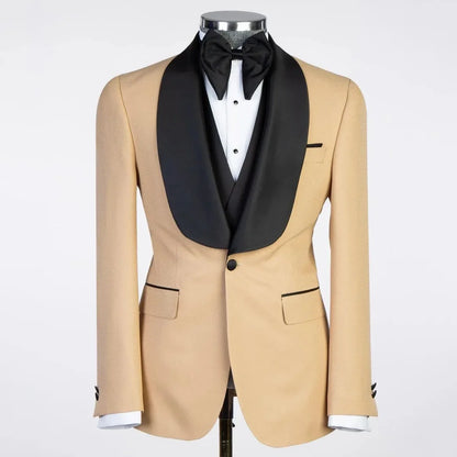 Men Suit Champagne 3 Piece With Black Lapel For Wedding Groom Banquet Party Birthday Prom Business Work Office Jacket Vest Pants