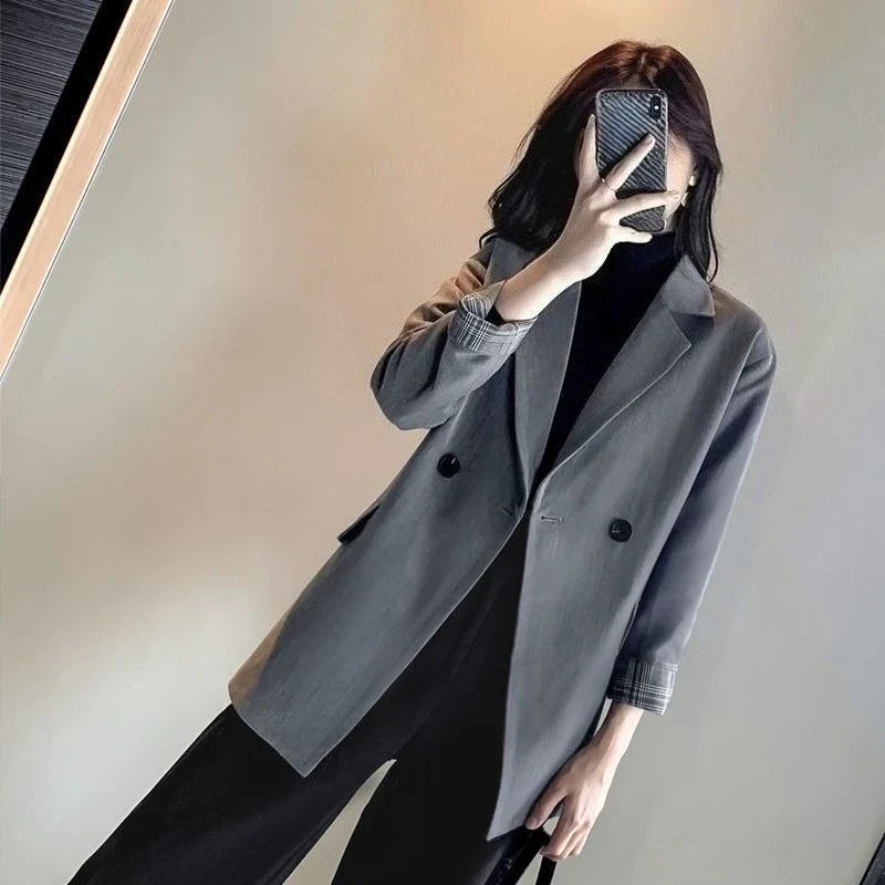 2025 Spring Autumn New Women's Blazer Korean Loose Fit Casual Versatile Patchwork Plaid Cuffs Drapey Mid Length