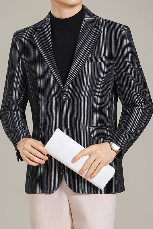 2025 Autumn Winter Velvet Striped Fashion Casual Suit Jacket Slim Fit Versatile Business Blazers Social Wedding Groom Dress Coat