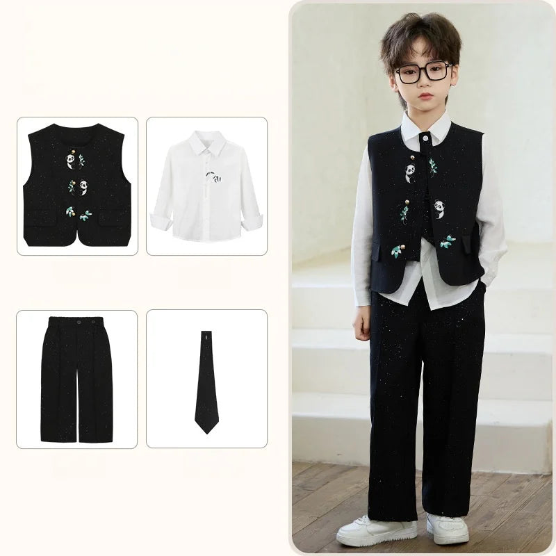 90-160 Kids New Chinese Tang Suit Hanfu Embroidery Suit Flower Boys Host Recitation Performance Costume
