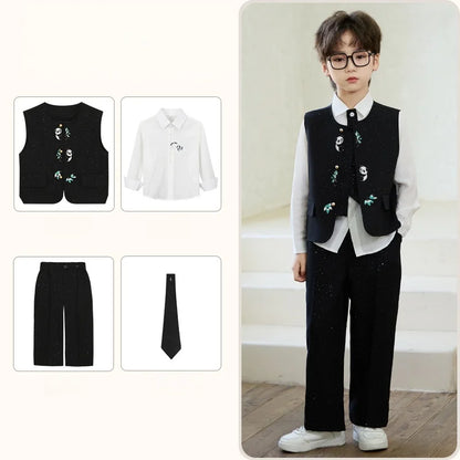 90-160 Kids New Chinese Tang Suit Hanfu Embroidery Suit Flower Boys Host Recitation Performance Costume