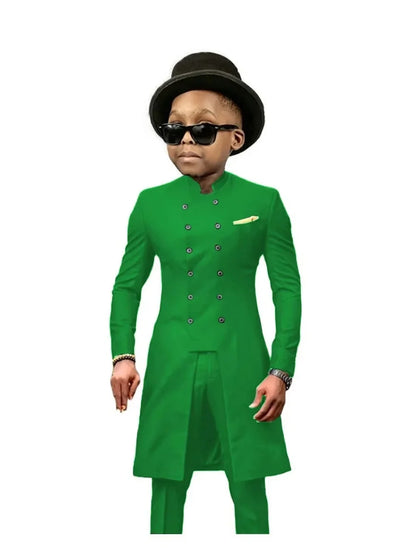 African Stand Collar Kids Long Suit Set 2 Pieces Wedding Guest Outfit Double Breasted Boys Formal Tuxedo Birthday Party Wear