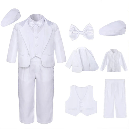 Baby Boy Baptism Outfit Infant White Christening Suit with Hat Toddler Wedding Birthday Party Clothing Long Sleeved Tuxedo 5PCS
